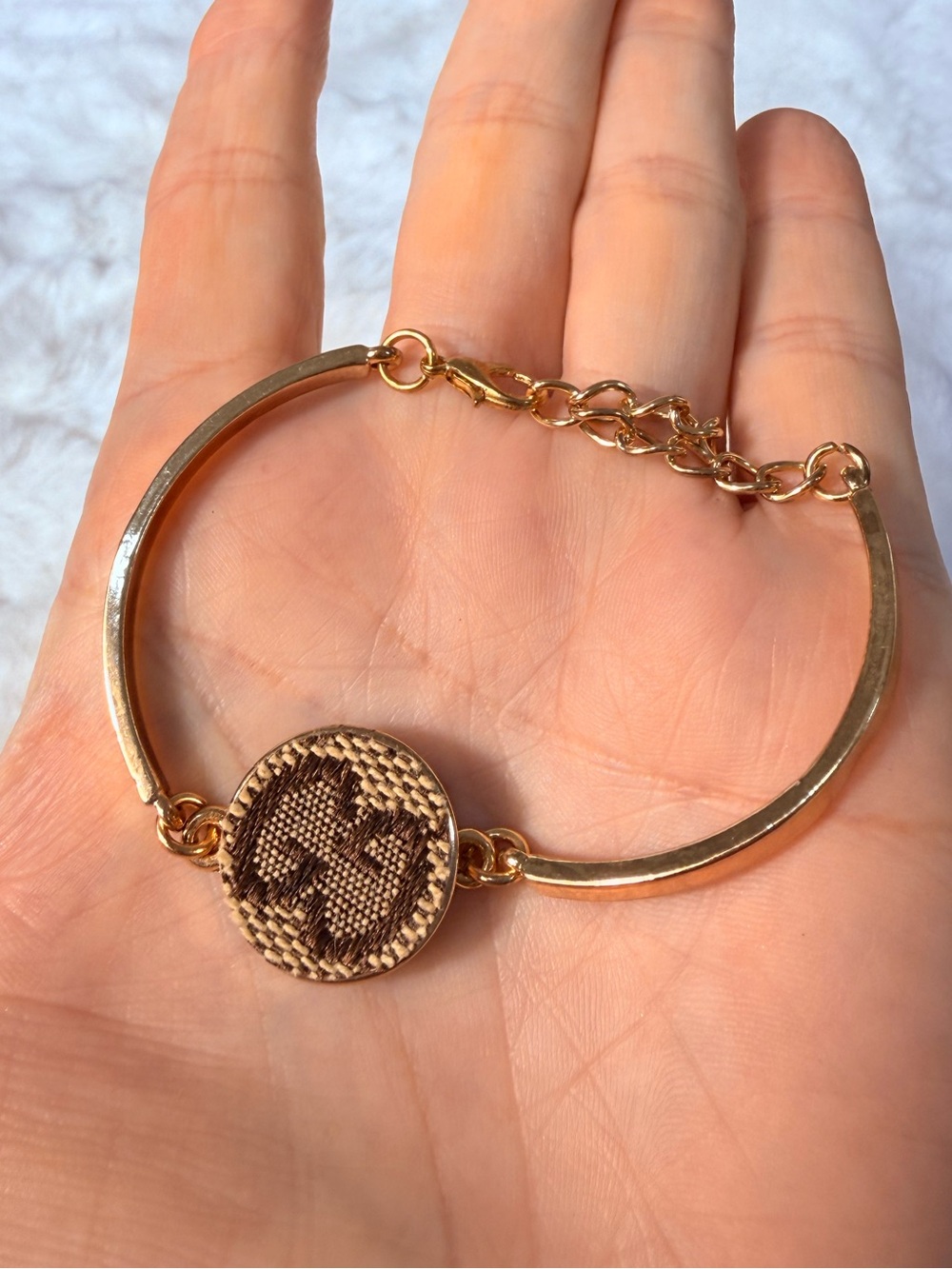 Gucci upcycled Gold-Tone Bracelet with Brown Woven Medallion